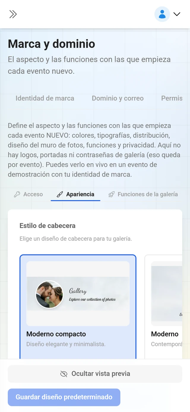 Pestaña de diseño predeterminado con ajustes de estilo, fotomural y privacidad