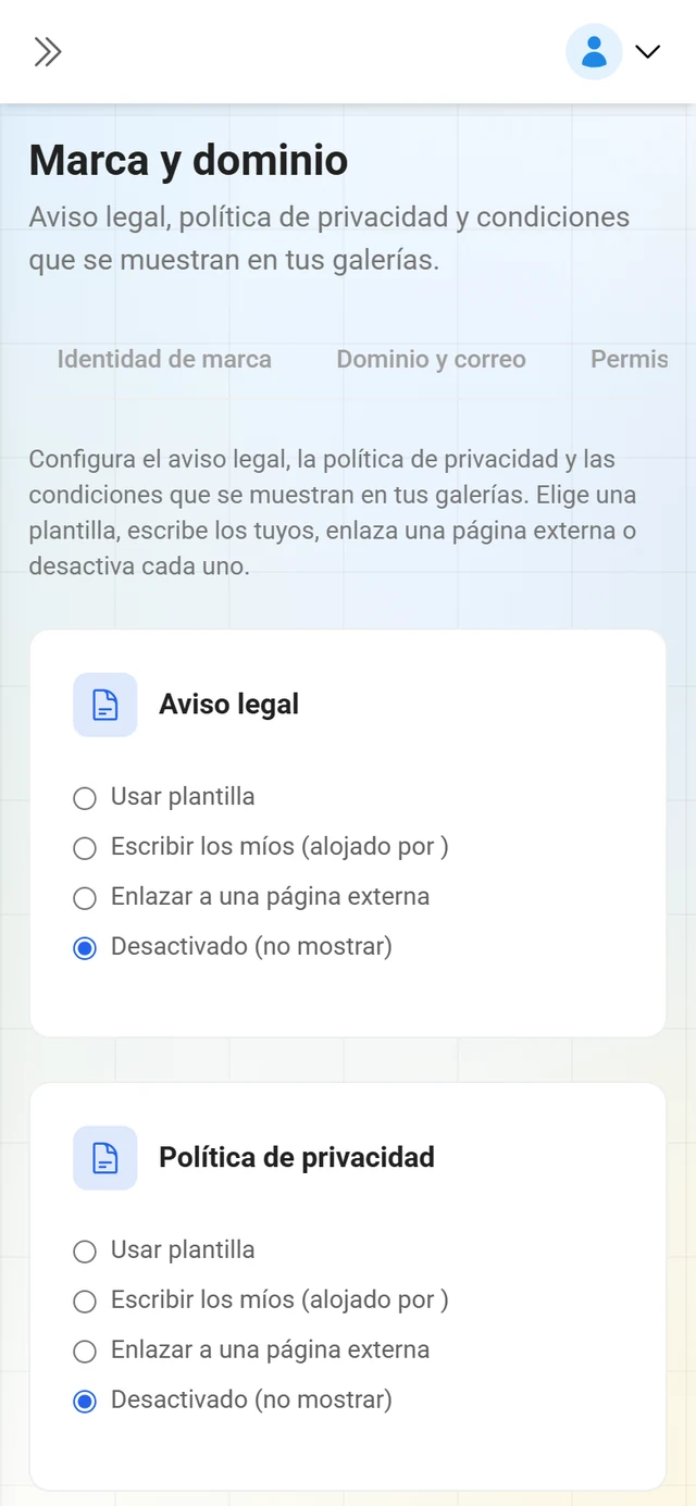 Pestaña de textos legales de la gestión de marca