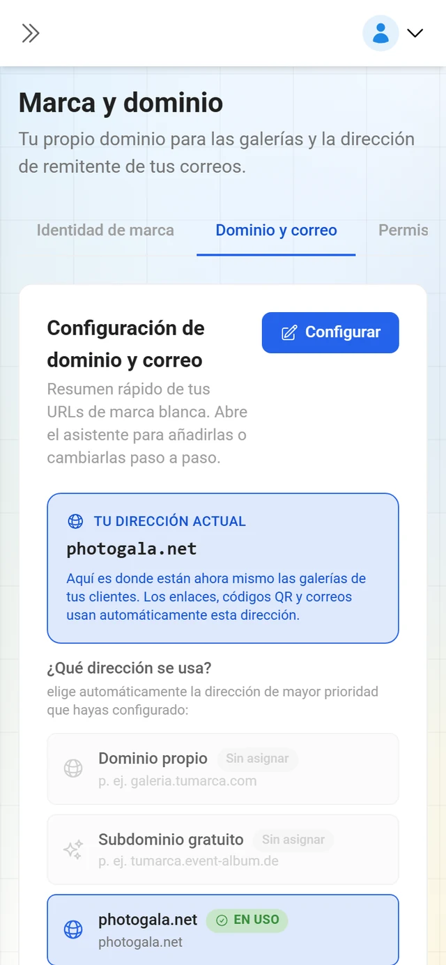 Pestaña de dominio y correo de la gestión de marca