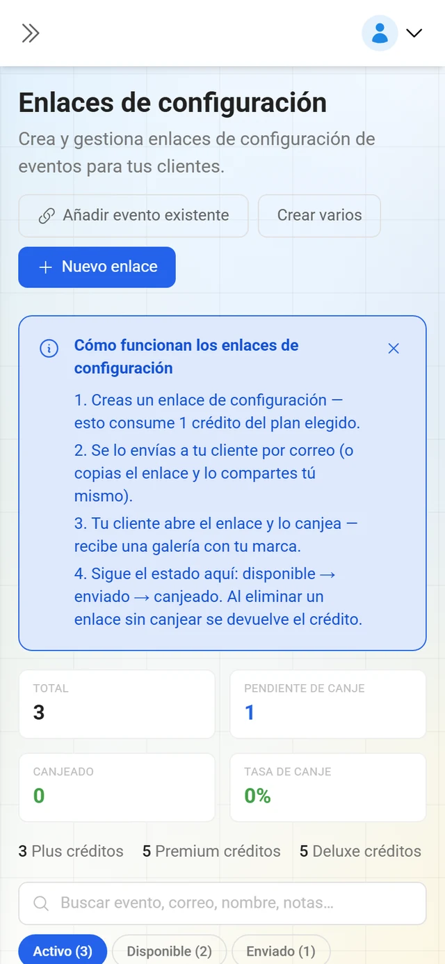 Página de enlaces de configuración con cifras clave y la lista de claves