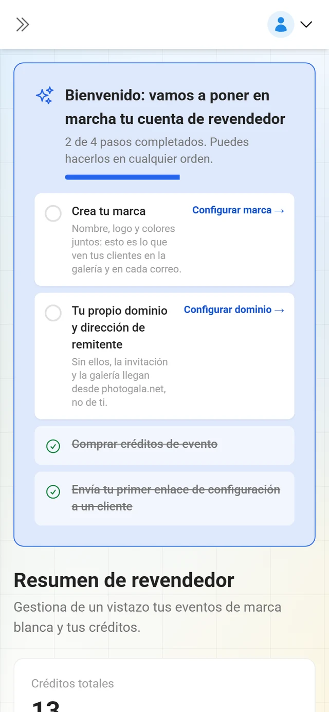 Página de resumen del portal de revendedor