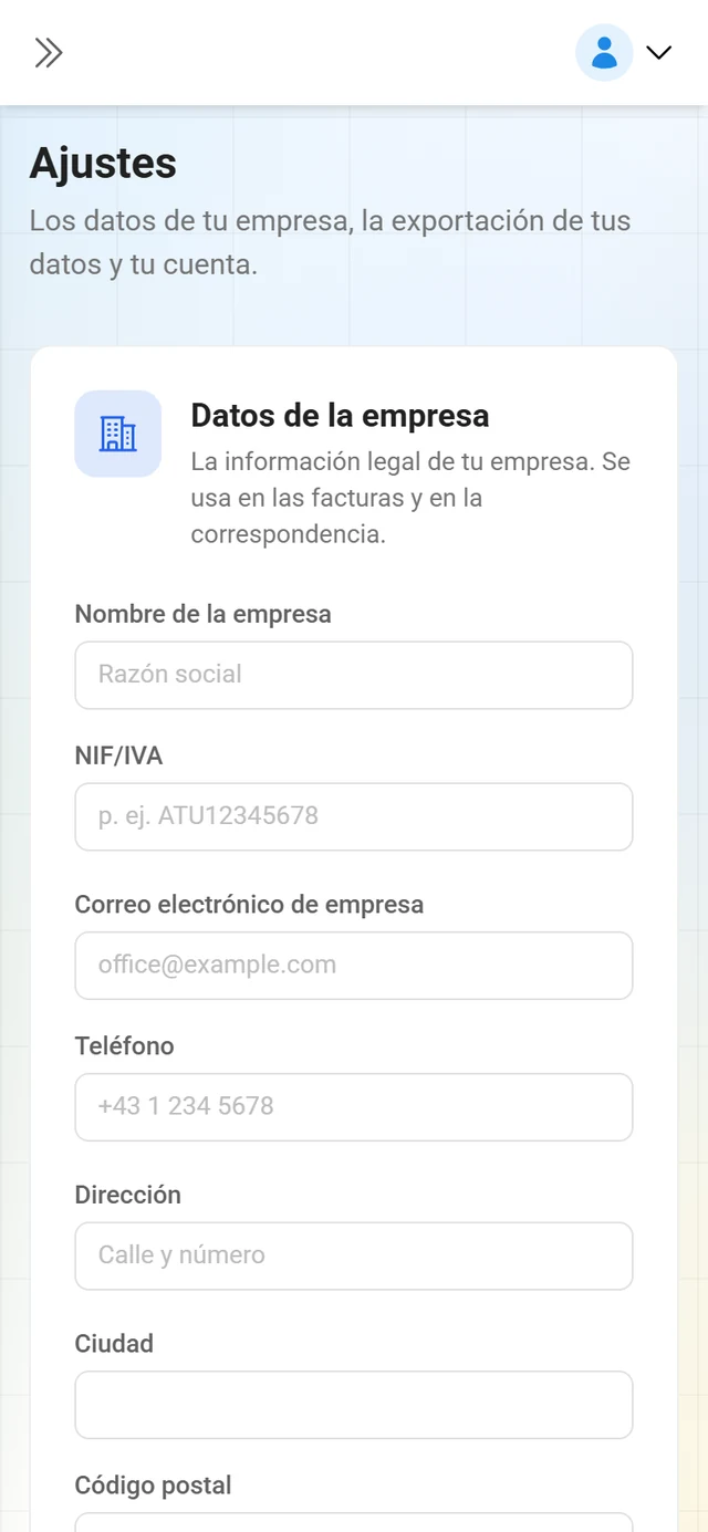 Página de ajustes con el formulario de datos de la empresa