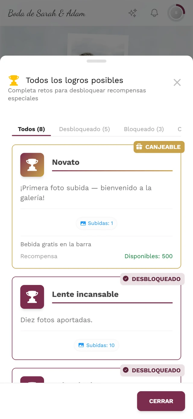 Diálogo Todos los logros posibles con las pestañas Todos, Desbloqueado y Bloqueado