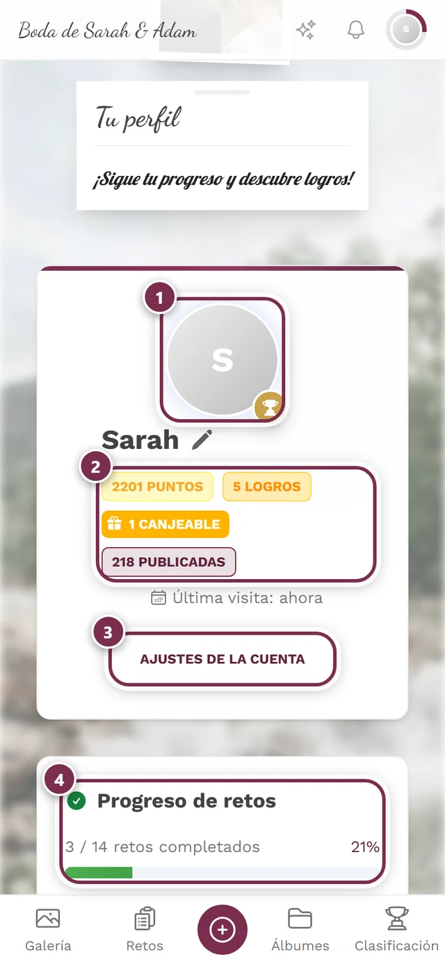 Página de perfil con puntos, logros y puesto