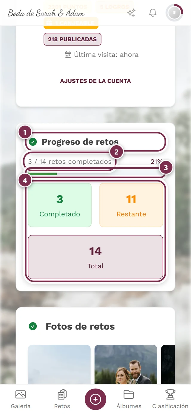 Progreso de retos en la página de perfil con cuatro marcas: título, línea de números, barra, fichas pulsables