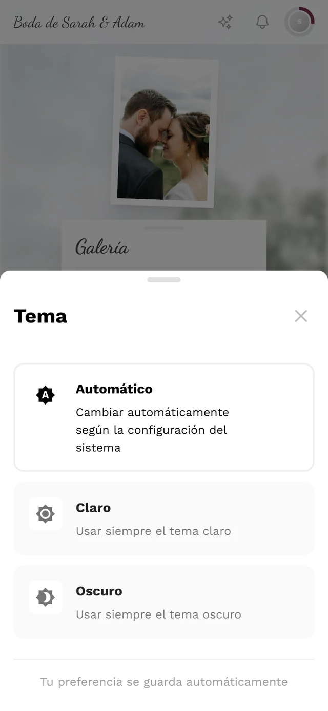 Cuadro de diálogo Tema con las tres opciones Automático, Claro y Oscuro