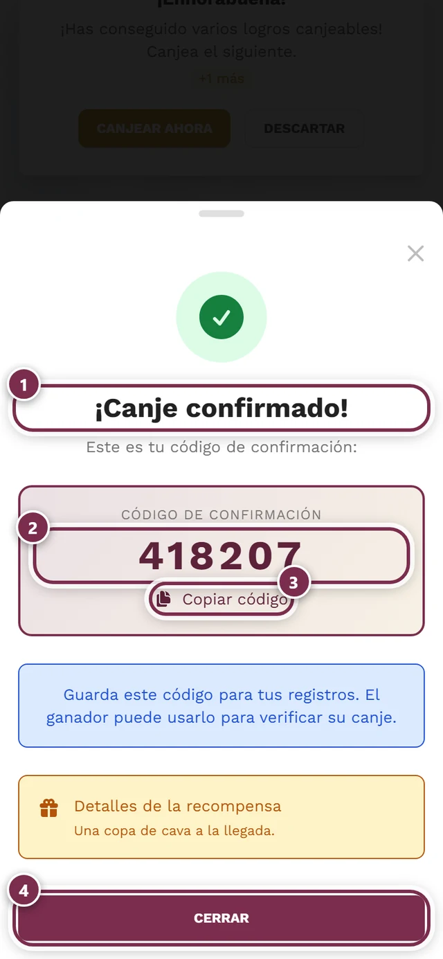 Diálogo de éxito con el código de confirmación de seis dígitos y cuatro marcas