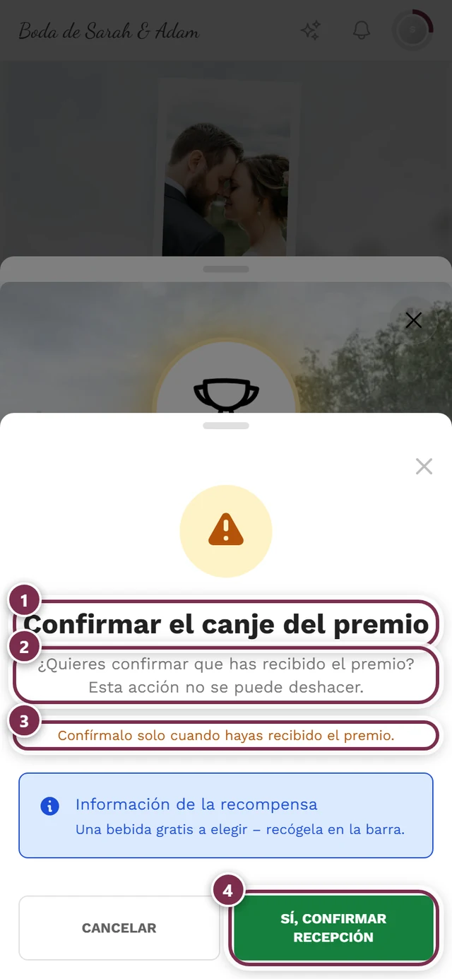 Diálogo de aviso «Confirmar el canje del premio» con cuatro marcas