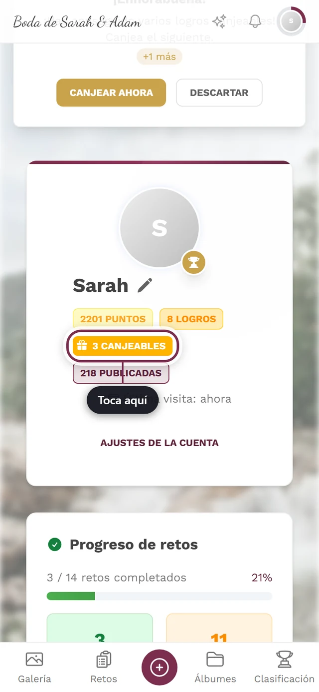 Cabecera del perfil con el chip «2 canjeable» marcado