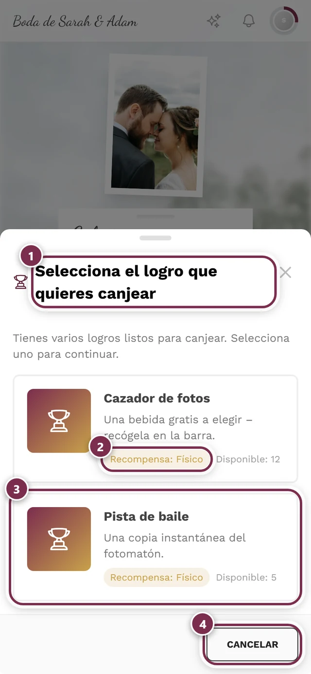 Diálogo de selección con dos tarjetas de recompensa y cuatro marcas