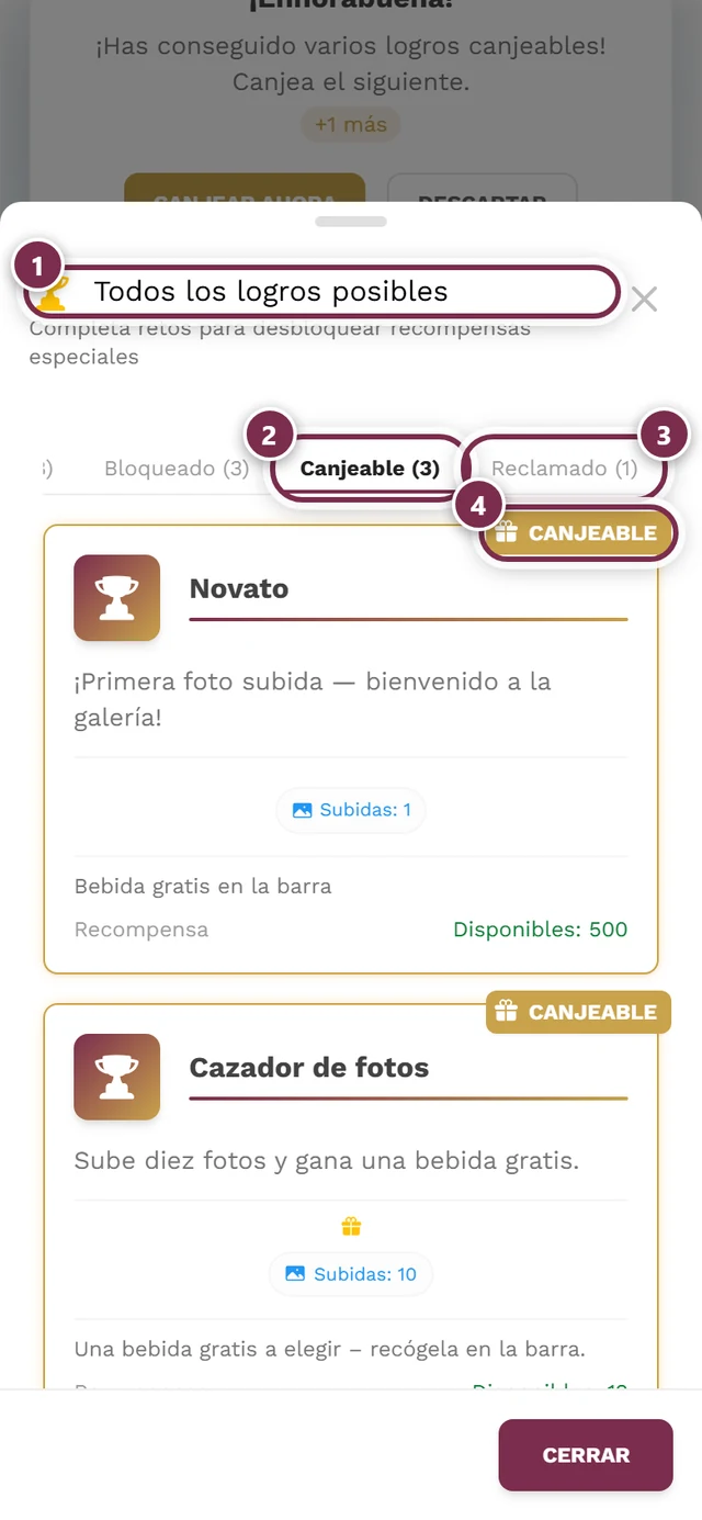 Diálogo de logros con las pestañas Todos, Desbloqueado, Bloqueado, Canjeable y Reclamado