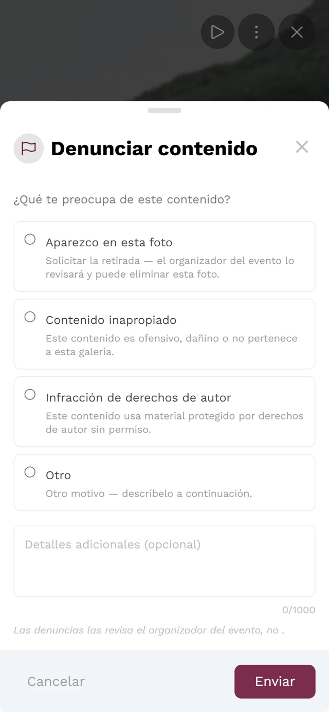 Cuadro de diálogo de denuncia con la selección de motivos
