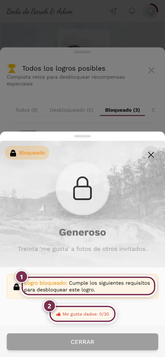 Diálogo de un logro bloqueado con el aviso y la lista de requisitos marcados en rojo