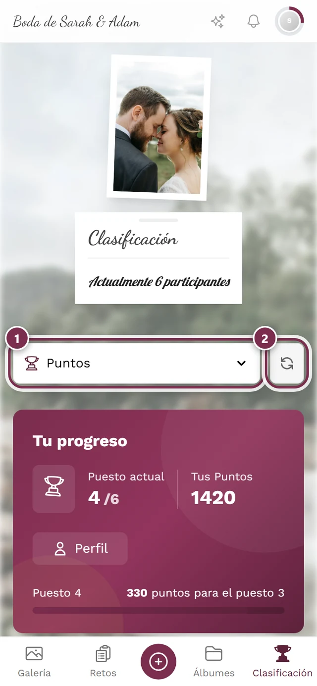 Cabecera de la clasificación con el selector de categoría y el botón de actualizar marcados en rojo