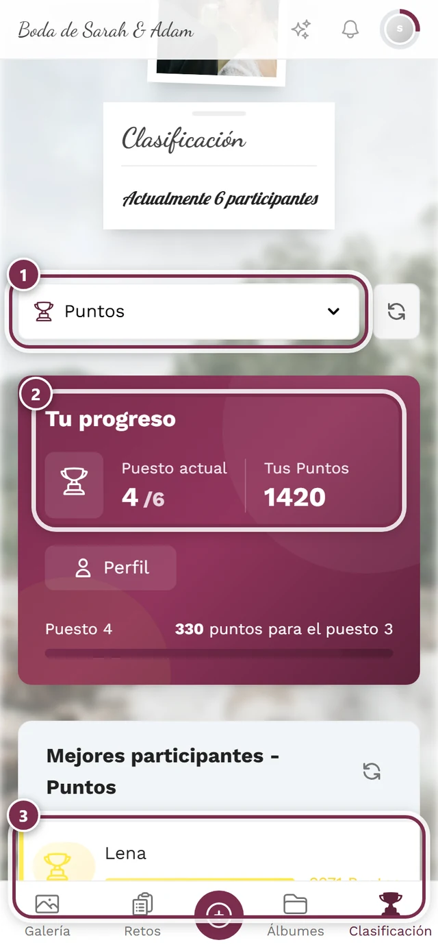 Clasificación con tres marcas: métrica, tu propio puesto, primer puesto