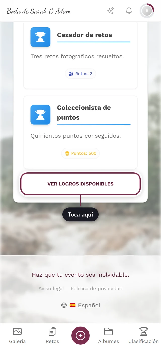 Sección de logros del perfil con el botón Ver logros disponibles marcado en rojo