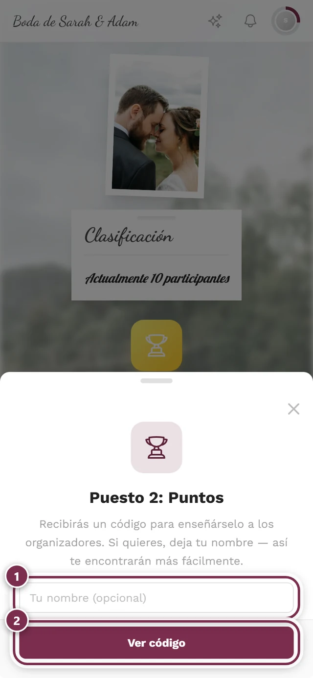 Ventana Puesto 2 Puntos con el campo del nombre y el botón Ver código