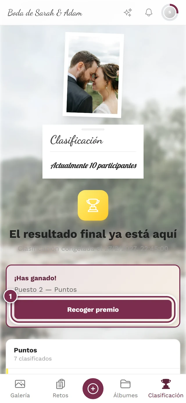Tarjeta Has ganado con el puesto y el botón Recoger premio