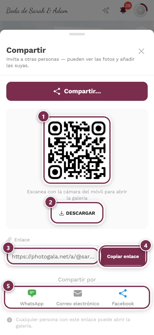 Diálogo de compartir con código QR, botón de descargar, campo de enlace, copiar enlace y los botones directos