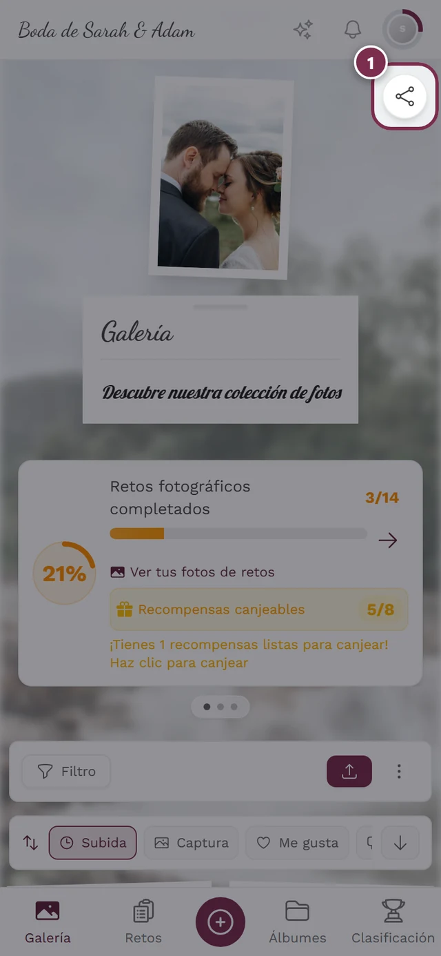 Galería con el icono redondo de compartir resaltado arriba a la derecha