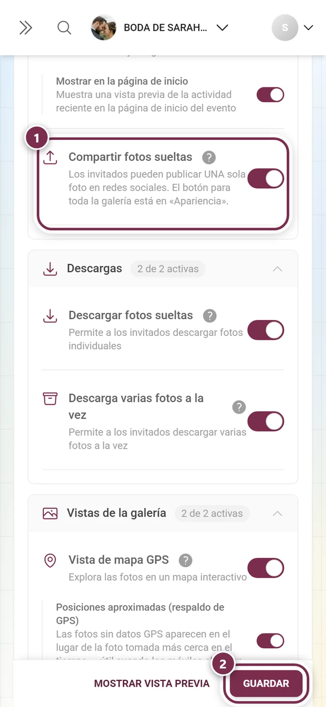 Pestaña Funciones de la galería con el interruptor Compartir fotos sueltas resaltado