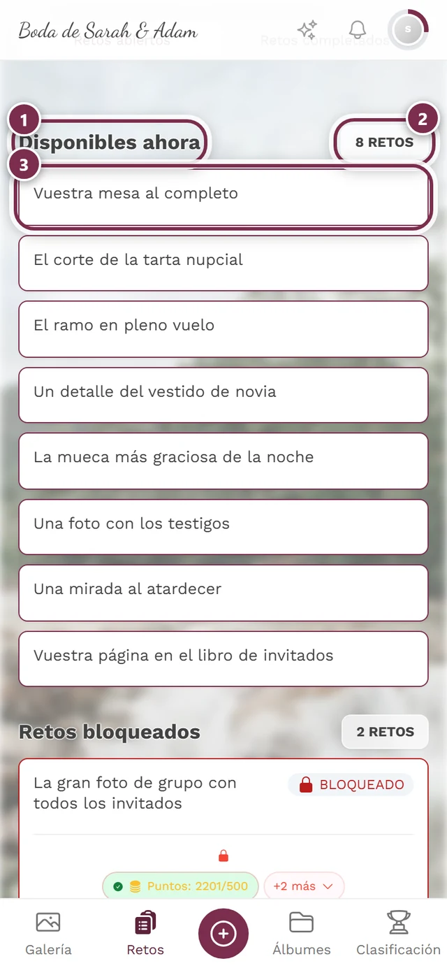 Sección Disponibles ahora con tres marcas: título, contador, primera tarjeta de reto
