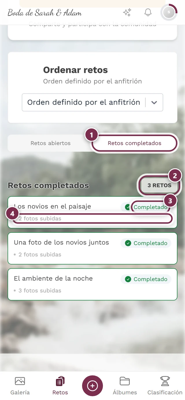 Pestaña Retos completados con cuatro marcas: pestaña activa, contador, marca verde, número de fotos propias