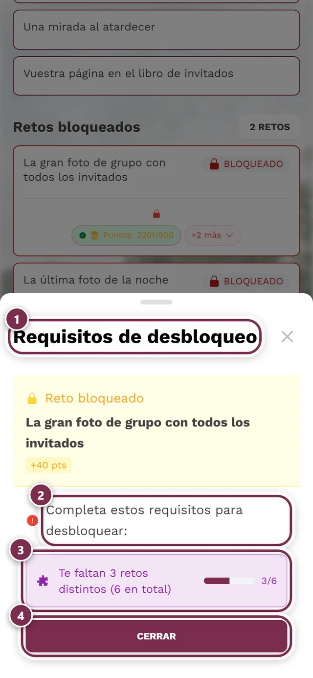 Diálogo Requisitos de desbloqueo con cuatro marcas: título, introducción, primera condición con barra de progreso, botón Cerrar