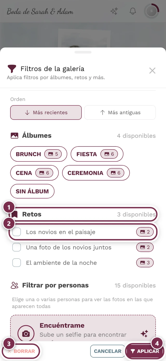 Diálogo Filtros de la galería con cuatro marcas: encabezado de la sección Retos, primera casilla, Eliminar, Aplicar