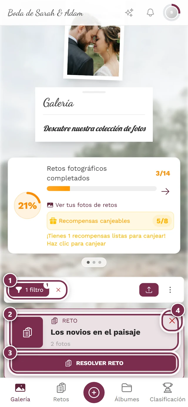 Galería filtrada por un reto con cuatro marcas: ficha de filtro, cabecera de reto, botón Resolver reto, X para eliminar