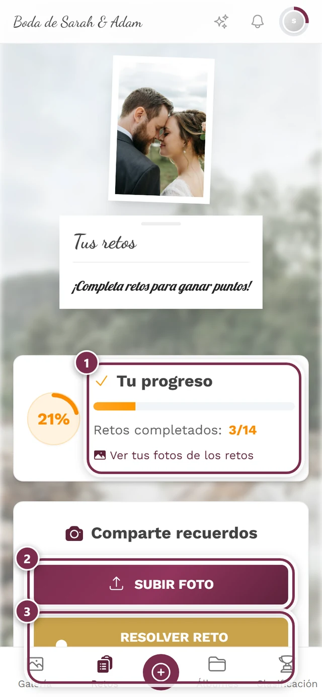 Página de retos con tres marcas: progreso, subir foto, resolver reto fotográfico