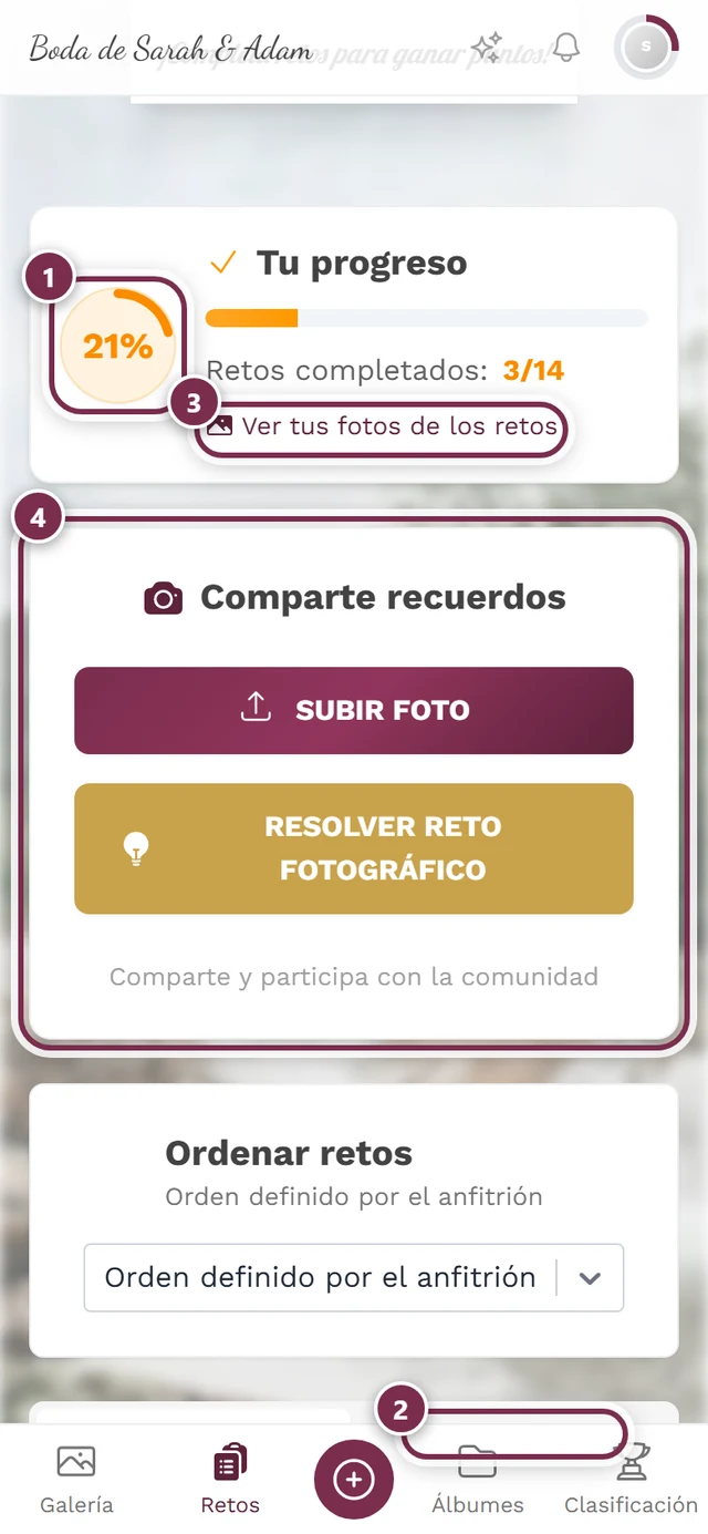 Cabecera de la página de retos con cuatro marcas: círculo de progreso, línea Retos completados, enlace, tarjeta Comparte recuerdos