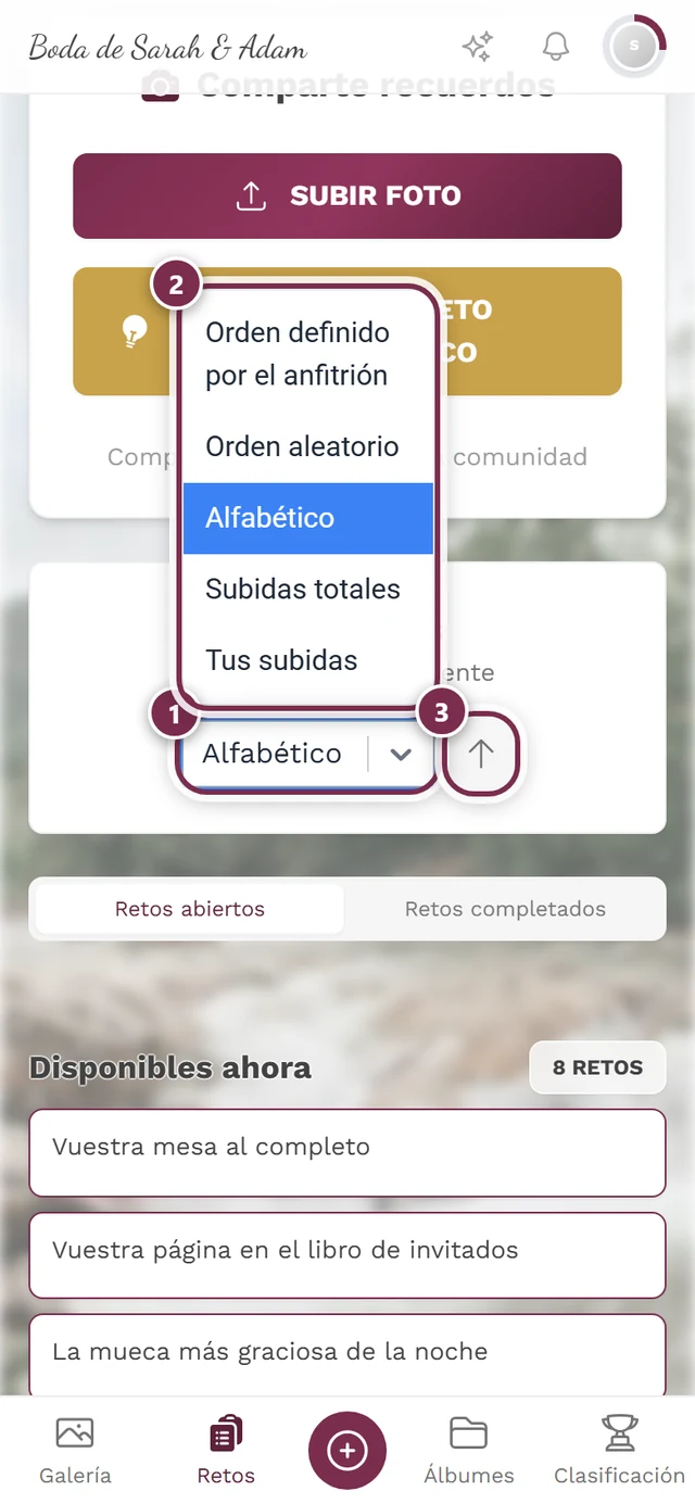 Campo de ordenación abierto con cuatro marcas: campo de selección, lista de opciones, flecha de dirección, Volver a mezclar