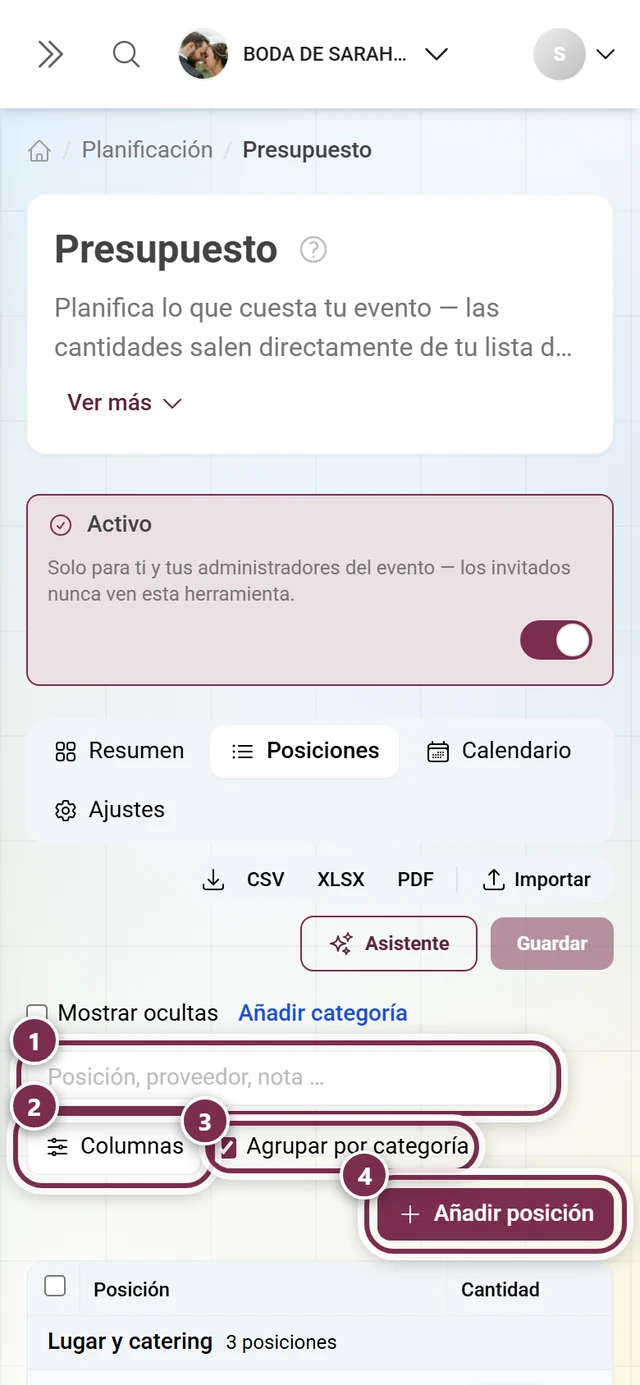 Barra de herramientas encima de la tabla de posiciones con búsqueda, columnas, agrupación y añadir posición