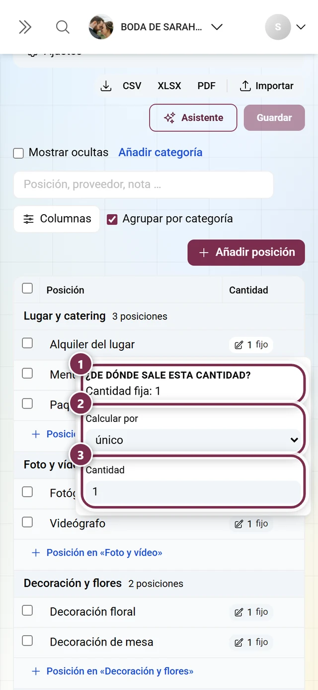 Menú de cantidad desplegado con la explicación, el selector de criterio y el campo de cantidad