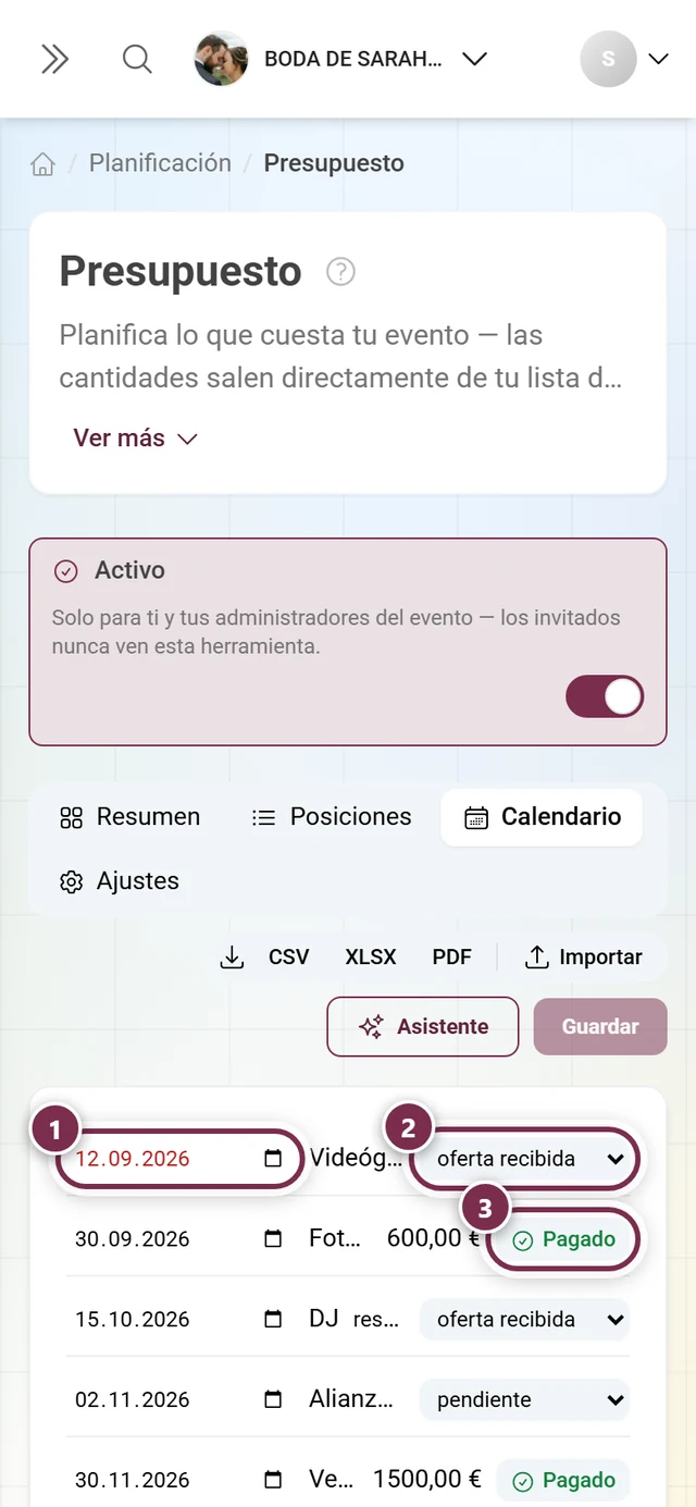 Calendario con plazo, estado de una reserva y el botón Pagado en una cuota