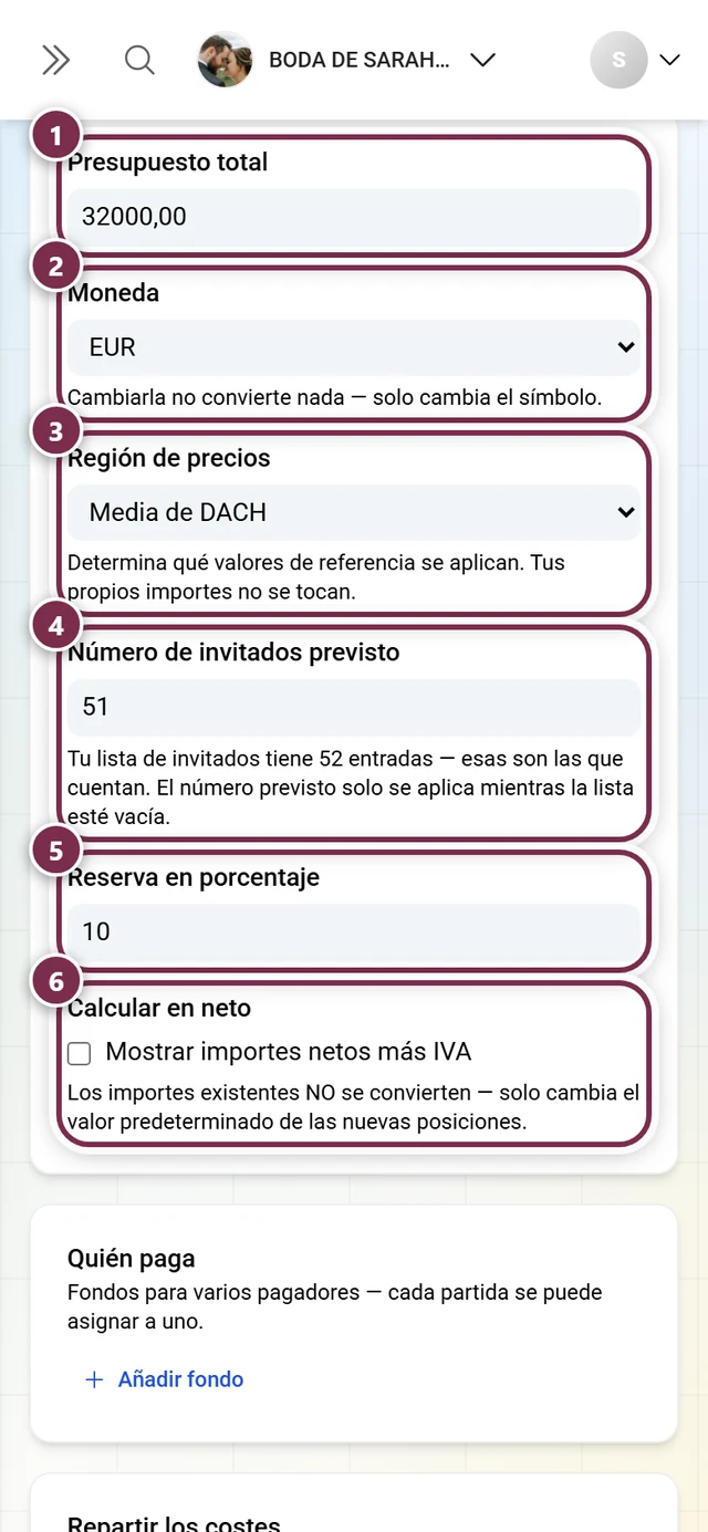Ajustes del presupuesto con presupuesto total, moneda, región de precios, número de invitados, colchón e interruptor de neto