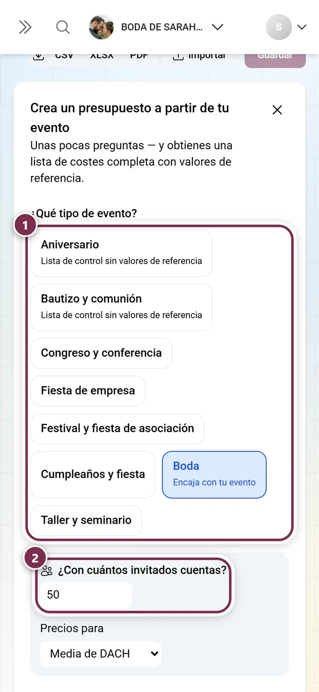 Asistente con las fichas de tipo de evento y la pregunta sobre el número de invitados