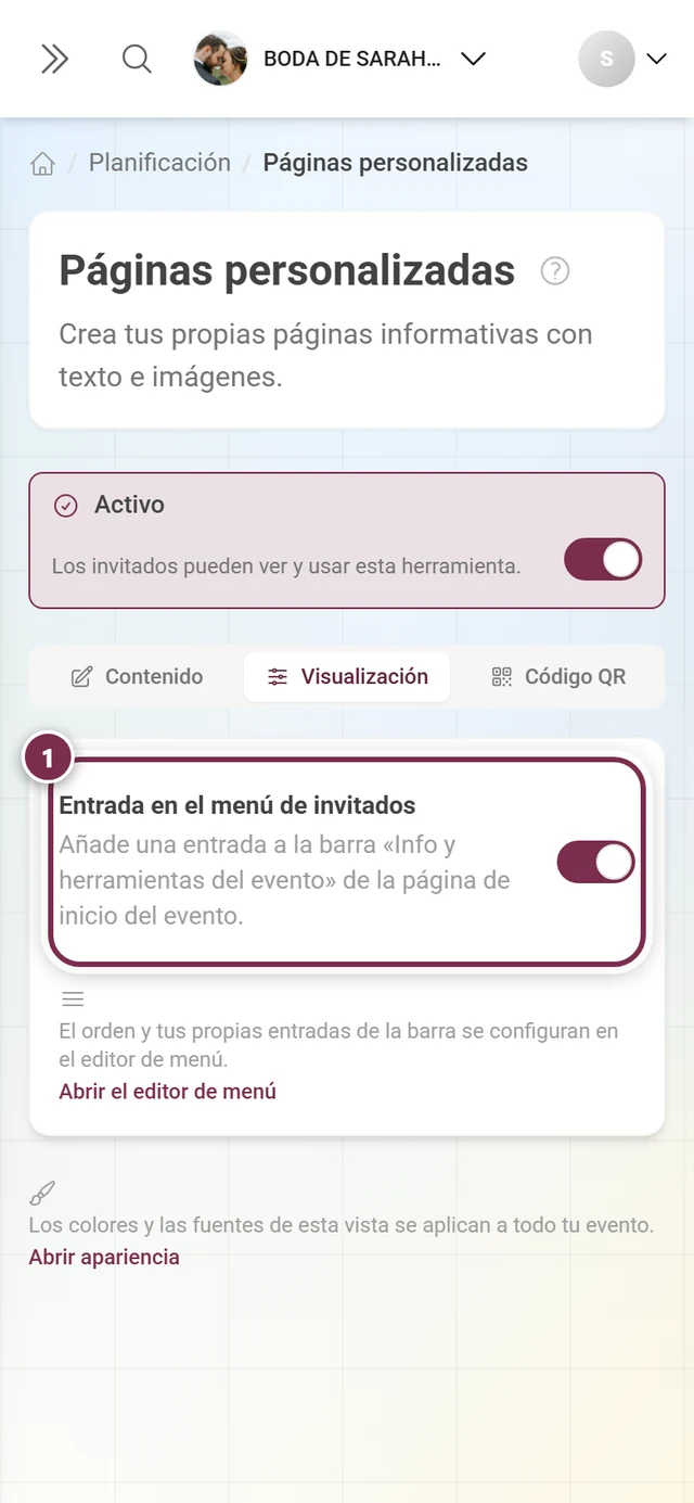 Pestaña Visualización de Páginas personalizadas con el interruptor Entrada en el menú de invitados resaltado
