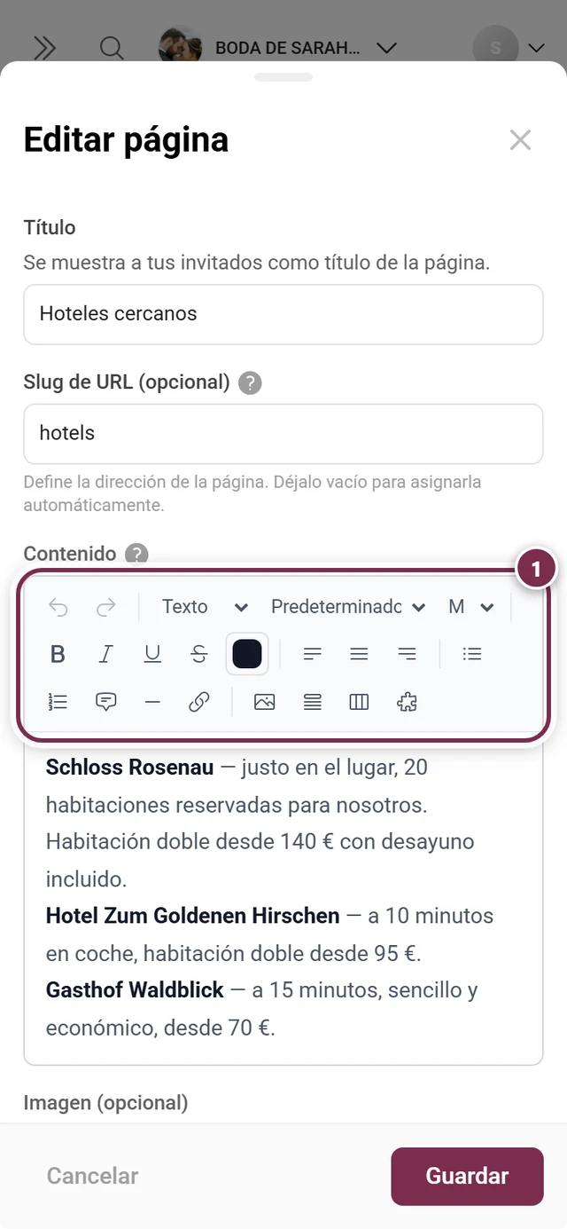 Diálogo de página con la barra de herramientas del editor de texto enriquecido resaltada
