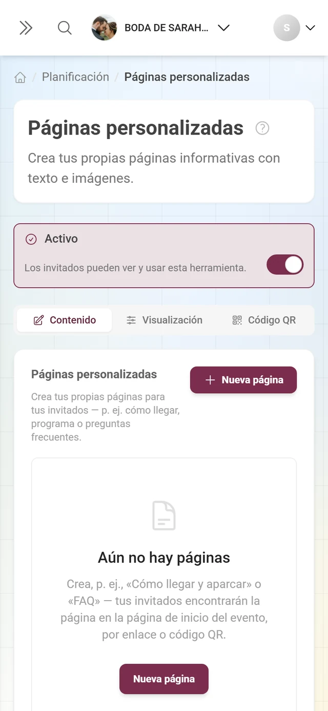Estado vacío de Páginas personalizadas con el aviso Aún no hay páginas y el botón Nueva página