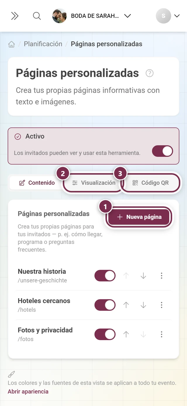 Cabecera de Páginas personalizadas con el botón Nueva página resaltado y las pestañas Visualización y Código QR
