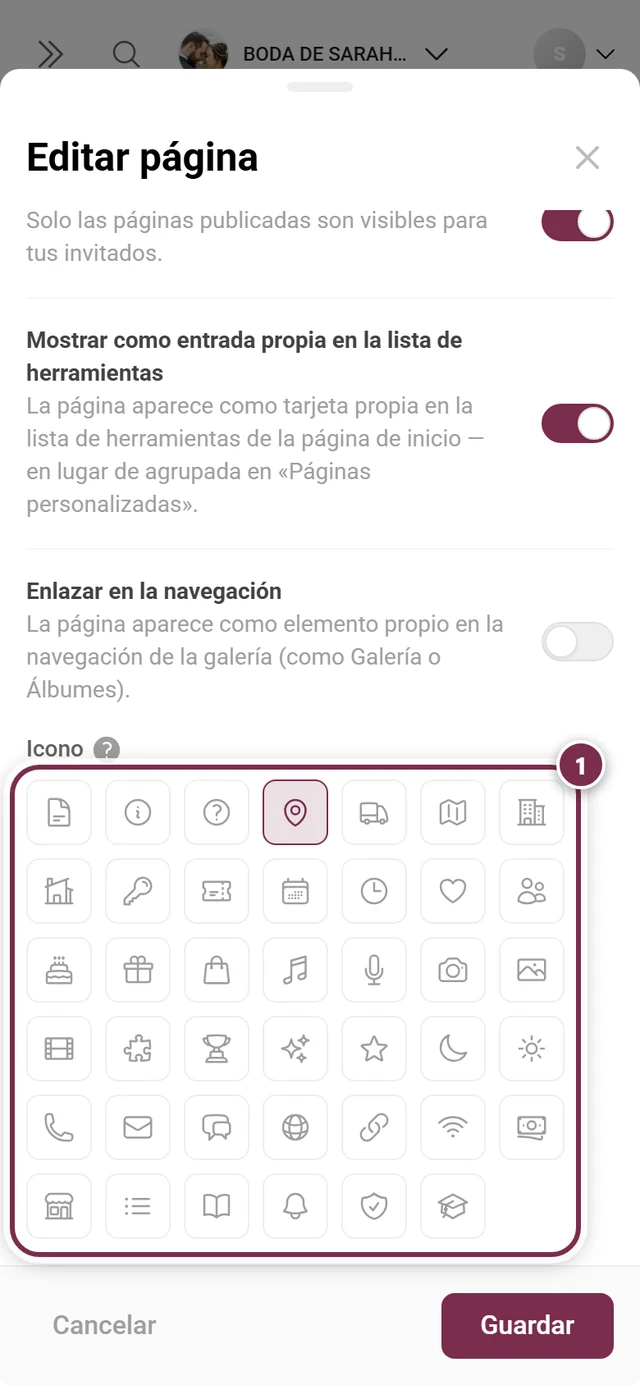 Selector de iconos en el diálogo de página con cuarenta y un iconos, el icono de mapa seleccionado