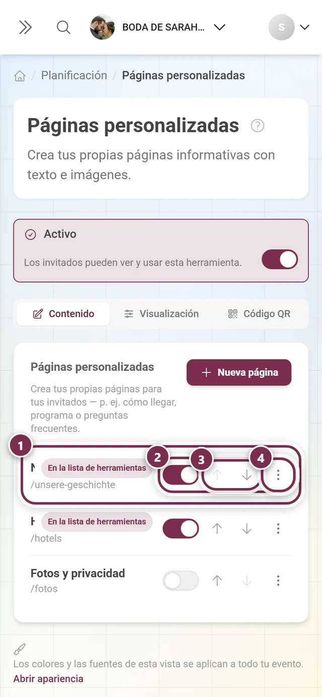 Lista con tres páginas personalizadas, resaltadas una fila, el interruptor Publicado, las flechas y el menú de tres puntos