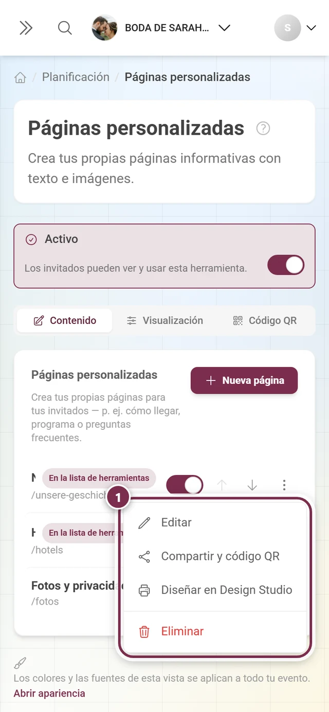 Menú de tres puntos abierto de una página con cuatro entradas