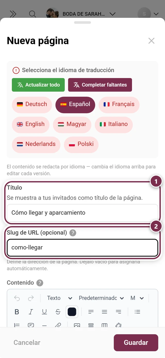 Diálogo Nueva página con el título Cómo llegar y aparcar completado y el slug de URL llegar