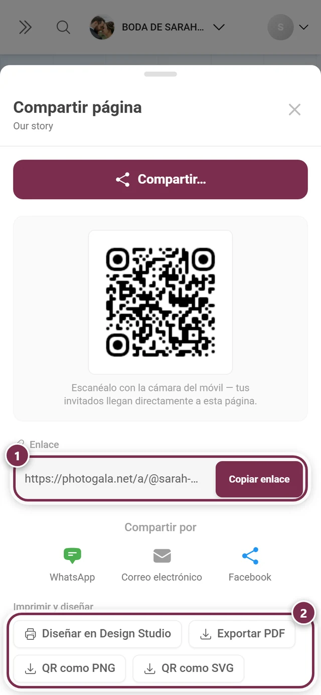 Diálogo para compartir una página personalizada con la fila del enlace resaltada y los cuatro botones de impresión y diseño