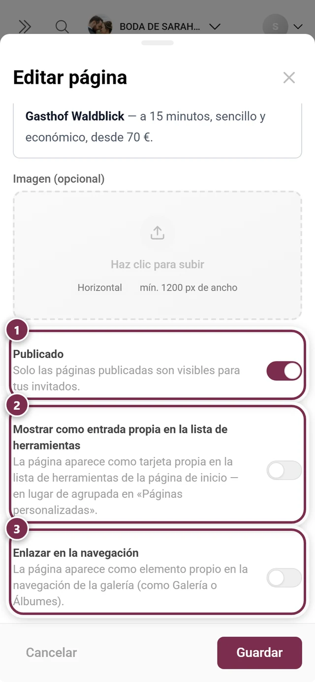 Los tres interruptores del diálogo de página, resaltados por separado