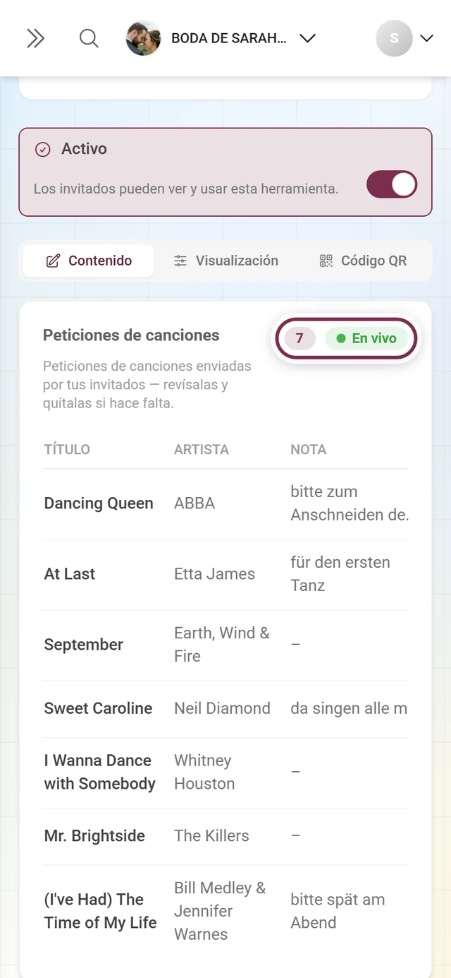 Título Peticiones de canciones con el número total y el chip En vivo resaltados
