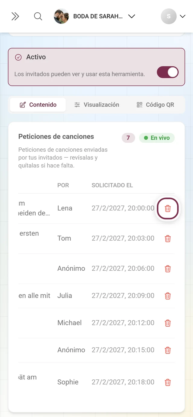 Lista de peticiones con el icono de papelera resaltado al final de la primera fila